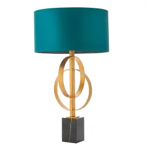 Antique Gold Table Lamp & Teal Satin Shade - Black Marble Base Desk Light