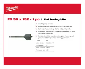 Milwaukee - Flat Boring Drill Bit 38mm x 152mm -1 Piece