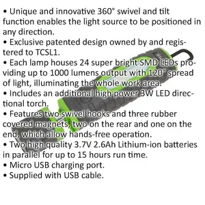 360 degree Swivel Inspection Light - 24 SMD & 3W SMD LED - Rechargeable - Green