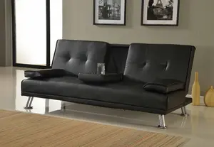 Tampa Sofa Bed Faux Leather Cupholder 3 Seater Chrome Legs, Black