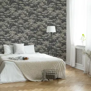 Boutique Serene Seed-Head Black & Gold Floral Wallpaper