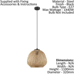 Hanging Ceiling Pendant Light Round Wicker Shade 1 x 40W E27 Hallway Feature