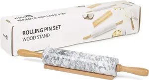 Homiu Marble Rolling Pin for Baking with Wooden Stand Easy Clean Hard-Wearing Speckle Finish Non-Stick