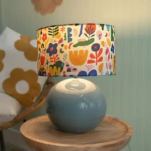 ValueLights Bosco Eucalyptus Ceramic Table Lamp with Jungle Print Drum Shade - LED Bulb Included