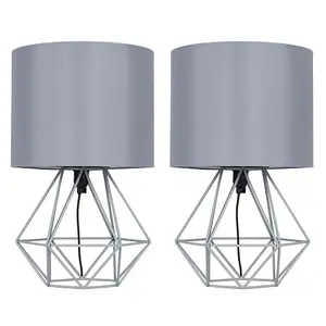 ValueLights Angus Pair of Angus Grey Metal Basket Cage Style Table Lamps with Grey Fabric Shade