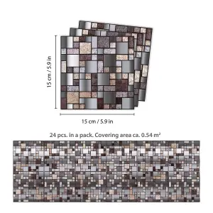 Walplus Metallic Silver Brown Stone Mosaic Wall Metallic Tile Sticker Set 24Pcs