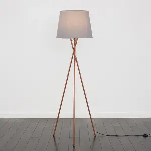 ValueLights Hardy Modern Copper Metal Tripod Floor Lamp with Grey Tapered Shade - Includes 6w LED Bulb 3000K Warm White