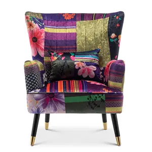 Fabric Patchwork Victoria Accent Wingback Chair with Footstool