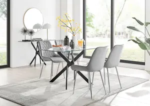 Furniturebox UK Leonardo Black Leg Glass Dining Table & 4 Grey Pesaro Silver Chairs