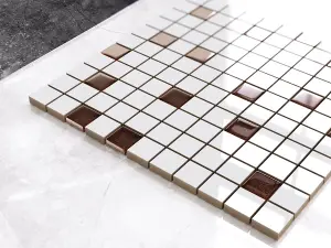 Ceramic mosaic with glass inserts on mesh for bathroom or kitchen 300mm x 300mm - White-brown