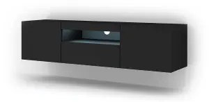 Aura Modern TV Cabinet 150cm in Black Matt with Blue LED Lighting - W1500mm x H36-420mm x D370mm