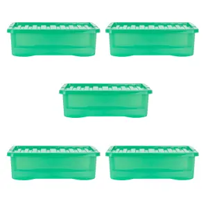 Wham Crystal 5x 32L Plastic Storage Boxes with Lids. Medium Size, Strong . Made in the UK Tint Leprechaun Green