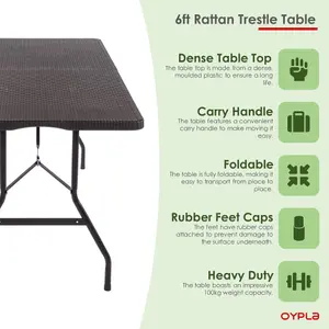 Oypla 6ft Folding Rattan Trestle Table Heavy Duty Catering Garden Party 1.8m