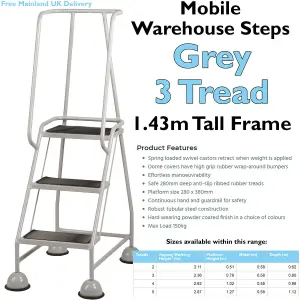 3 Tread Mobile Warehouse Steps GREY 1.43m Portable Safety Ladder & Wheels