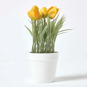 Homescapes Yellow Artificial Tulips in White Decorative Pot, 22 cm Tall