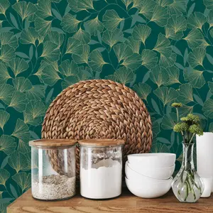 Grandeco Gingko Leaf Textured Metallic Wallpaper, Green