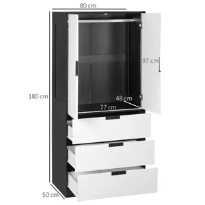 HOMCOM 2 Door Wardrobe White Wardrobe with 3 Drawer and Hanging Rod for Bedroom