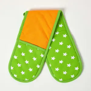 Homescapes Orange and Green Stars Cotton Double Oven Glove