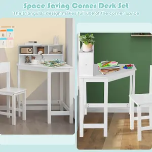 COSTWAY Kids Corner Desk & Chair Set Children Study Table Set with Hutch