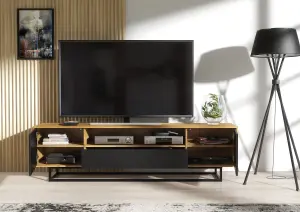 Rift Loft TV Unit 200cm Industrial Dark Oak & Black Matt Doors - Creative Furniture