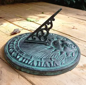 Sundial Ornament in Verdigris Cast Iron Sun Face