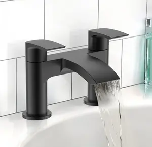 Matt Black Curve Waterfall Deck Mounted Bath Tap Dual Lever Bathroom Filler Taps