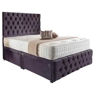 Merina Divan Bed Set with Tall Headboard and Mattress - Chenille Fabric, Purple Color, Non Storage