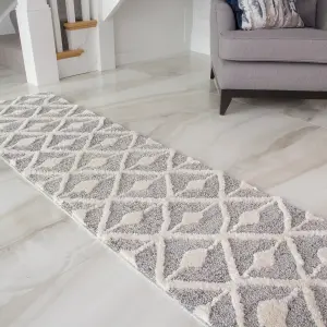 Grey White Diamond Geometric Plush Scandi Runner Rug 60x240cm