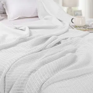 EHC Cotton Soft Hand Woven Reversible Lightweight White Adult Cellular Blanket, Single 180 x 230cm