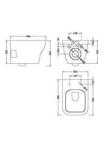 Rimless Wall Hung Toilet Pan & Soft Close Seat - 364mm x 363mm x 486mm