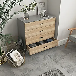 URBNLIVING Height 73cm 4 Drawer Wooden Bedroom Chest Cabinet Modern Grey Carcass and Oak Drawers Wide Storage Cupboard Closet