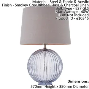 Table Lamp Smokey Grey Ribbed Glass & Charcoal Linen 40W E27 Base & Shade