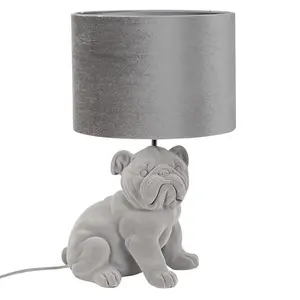 ValueLights Kaia Grey Velvet Bulldog Bedside Table Lamp with a Drum Lampshade Animal Bedroom Light - Bulb Included