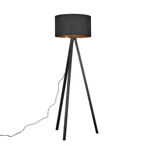 ValueLights Barbro Modern Black Wood Tripod Design Floor Lamp with a Black and Gold Drum Shade