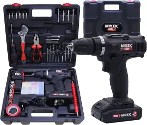 MYLEK 18V Cordless Li-ion Drill Complete With DIY 90 Piece Tool Kit And Carry Case