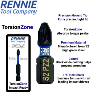 Rennie Tools 26 Pack PZ2 x 25mm Long Impact Driver Screwdriver Bits Set Pozidriv (Pozi 2) With Impact Bit Holder