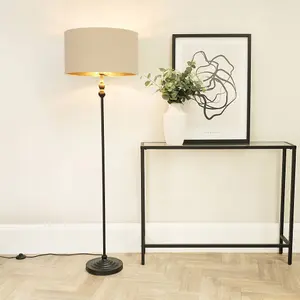 ValueLights Maggie Black Metal Candlestick Floor Lamp with Beige and Metallic Gold Shade and LED Bulb