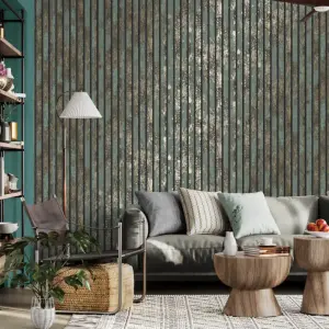 Crown Carbon Oxidize Teal & Copper Wall Panel Stripe Metallic Wallpaper M1750