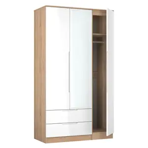 Milan Ready assembled Modern White & oak effect 2 Drawer Tall Triple Wardrobe With 1 mirror door (H)1970mm (W)1110mm (D)530mm