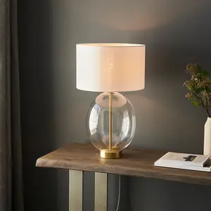 Luminosa Lecce Complete Table Lamp, Satin Brass Plate, Glass With Vintage White Fabric