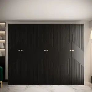 Manhattan II Modern Spacious Hinged Door Wardrobe W3000mm H2370mm D470mm - Sleek Black, 6 Doors, 30 Shelves