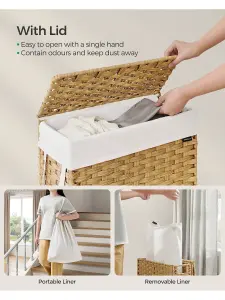 SONGMICS  Slim Laundry Basket, 55L Synthetic Rattan Storage Basket With Lid And Handles, Wicker, Foldable, Removable Liners