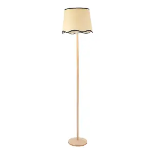 ValueLights Triston Natural Light Wood Stem Floor Lamp with Scallop Black Trim Tapered Shade and LED Bulb