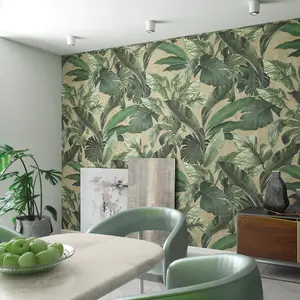 Galerie Loft 2 Green Tropical Leaves With Beige Textured Background 3-panel (3 x 2.7m) Wall Mural