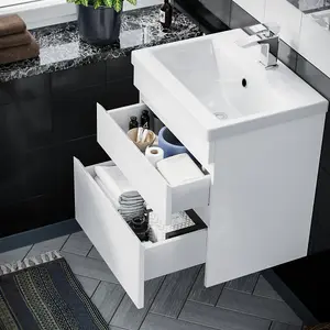 Nes Home Hardie 500mm 2 Drawer White Wall Hung Vanity Cabinet and Basin Sink Unit