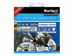 BlueSpot 210mm Circular Mitre Saw Blade 30mm Bore 25 20 16mm Rings 24 40 48T 3pc