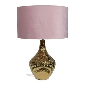 Deshi Metallic Gold Ceramic Table Lamp with Blush Velvet Reni Shade and 6W GLS Warm White Bulb Blush / Yes