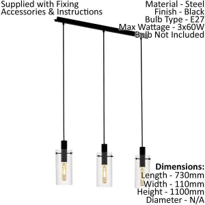 Pendant 3 Bulb Ceiling Light Colour Black Shade Clear Glass Bulb E27 3x60W