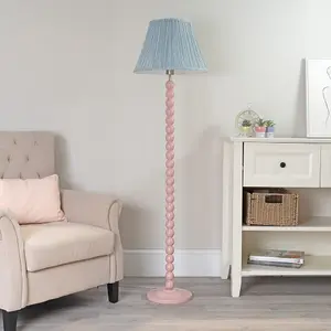 ValueLights Bobbles Rose Pink Bobbin Floor Lamp with Blue Pleated Shade