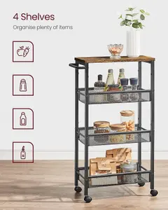 VASAGLE 4-Tier Trolley, Space-Saving Kitchen Cart with Wheels, Steel Frame, Trolley for Small Spaces, Rustic Brown and Black